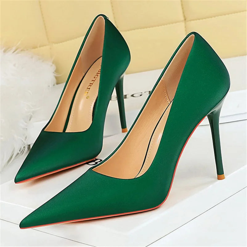 Women 10cm High Heels Satin Silk Dress Stiletto Fashion Pumps Lady Wedding Bridal Escarpin Catwalk Green Purple Peach Prom Shoes