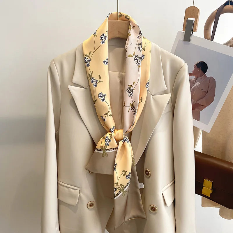 Floral Print 12*145cm Long Ribbon Silk Scarf Women Neck Scarves Headband Female Skinny Neckerchief Hair Band Neck Tie Bag Ribbon