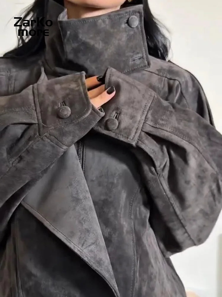 Fashion Dark Gray Suede Bomber Jacket Women Stand Collar Full Sleeve Oversize Asymmetric Street Coats 2026 Autumn Lady Jackets