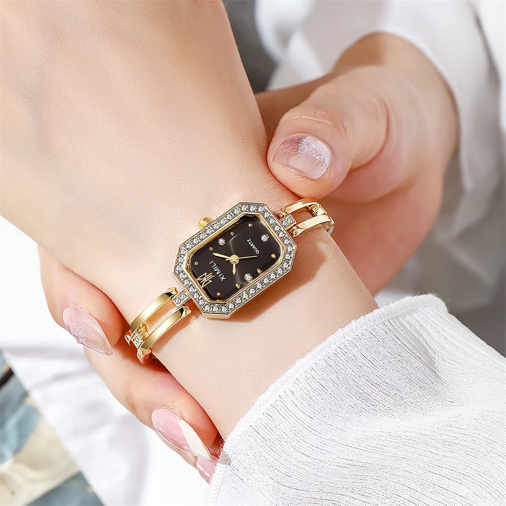 Ladies Fashion And Simple Diamond-Encrusted British Watch Casual Stainless Steel  Gold Bracelet Women's Dress Gift Wristwatch