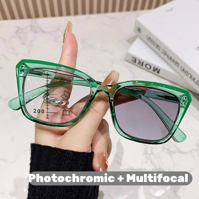 Transparent Frame Photochromic Multifocal Reading Glasses for Women Men Fashion Progressive Anti Blue Light Presbyopia Glasses