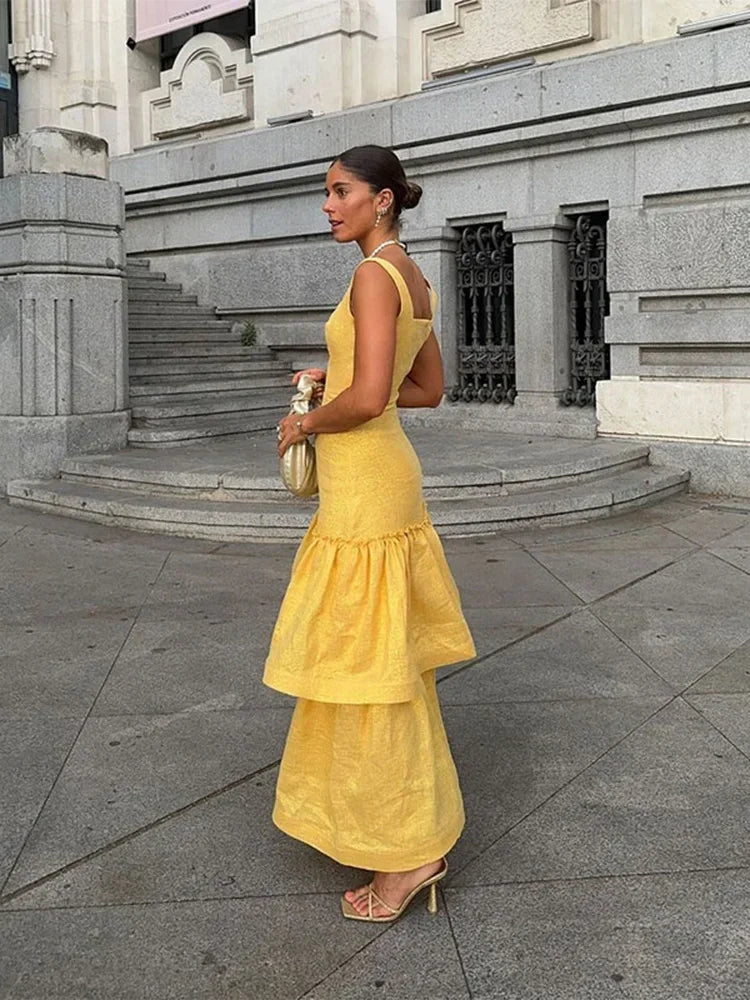 Luxury Sparkling Ruffled Layerd Yellow Long Dress Chic Backless Bodycon Wedding Sling Robes Women Elegant Party Club Vestidos