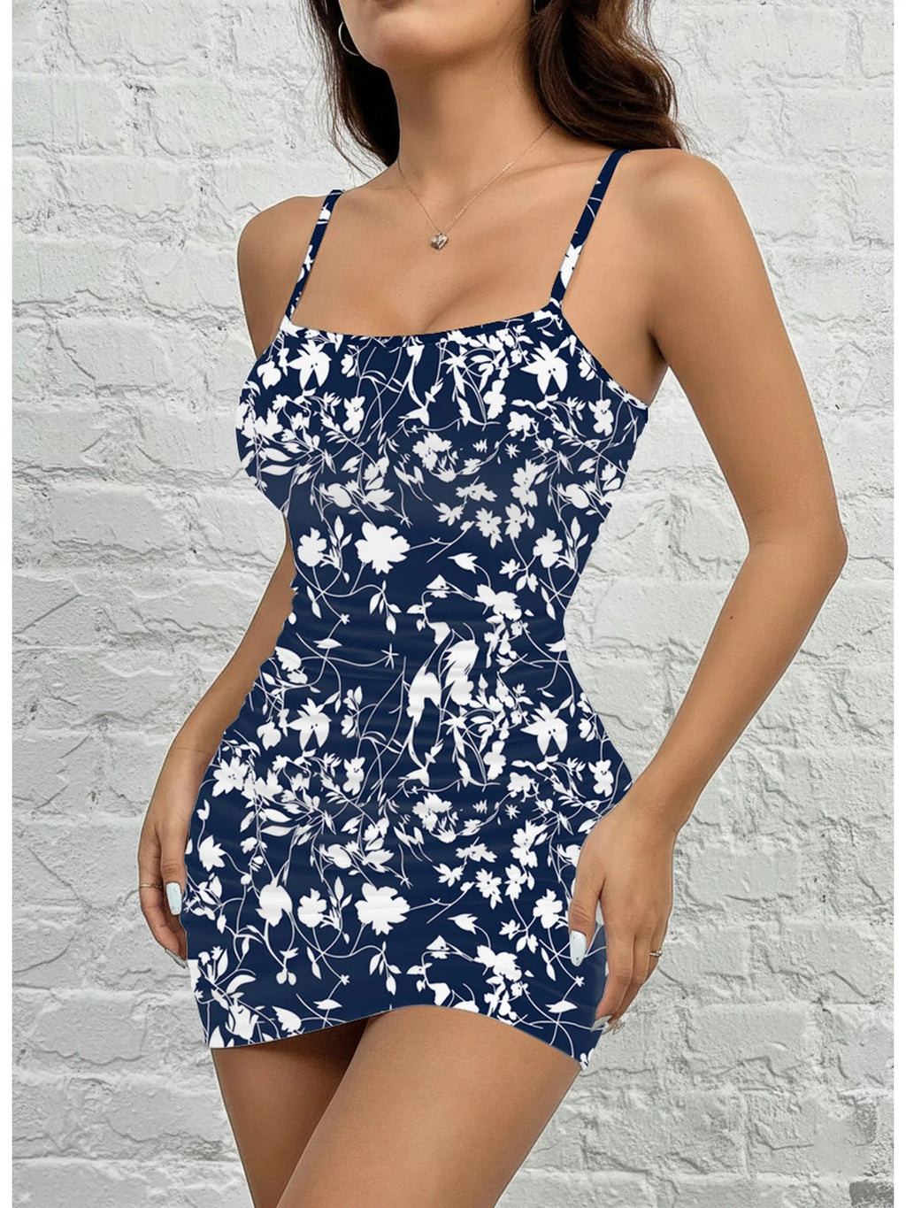Women's Summer Casual Fashion Comfortable Floral Print Square Neck Sleeveless Suspender Dress Short Skirt