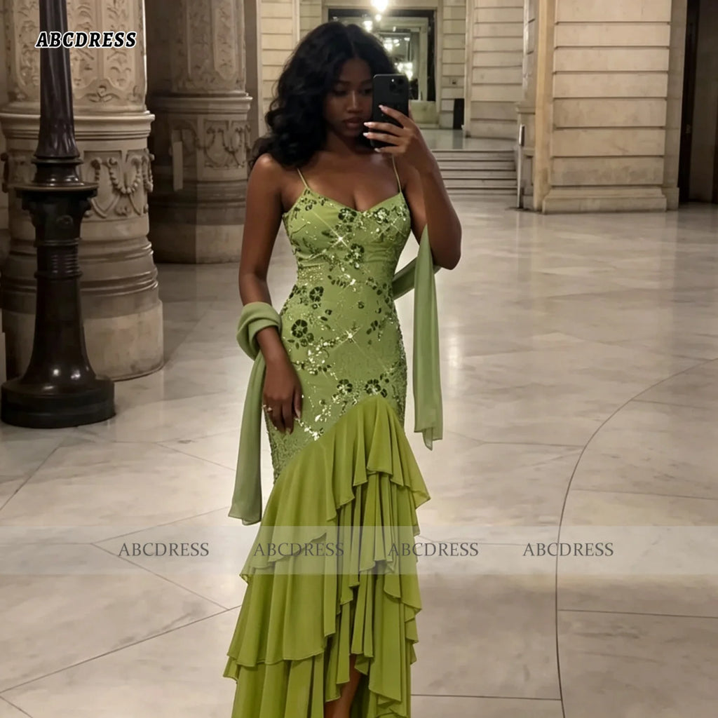 ABC Customized Elegant Olive Green Halter Neck Sequin Floral Evening Dress robes de soirée Mermaid Tiered Ruffle Prom Dress