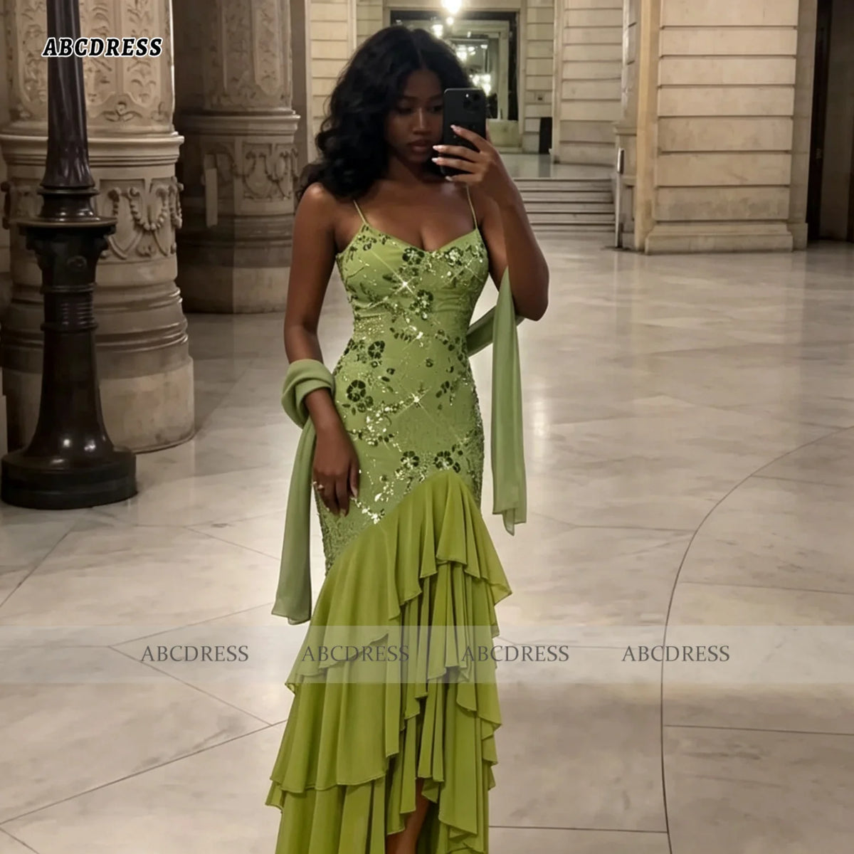ABC Customized Elegant Olive Green Halter Neck Sequin Floral Evening Dress robes de soirée Mermaid Tiered Ruffle Prom Dress