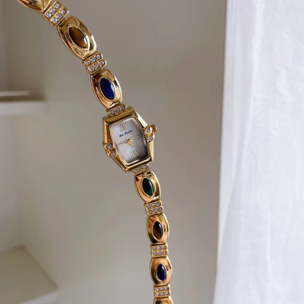 NEW Retro Luxury Women's Watches with Colored Gemstones Barrel-Shaped Small Dial Bracelet-Style Quartz Wristwatch for Women