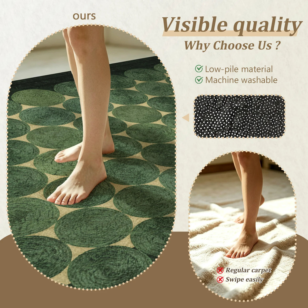 Large Indoor Area Rug, Soft Velvet Low Pile Rug with Non-Slip Dotted Backing & Machine Washable, Modern Geometric Moss Green Circle Pattern for Living Room, Bedroom, Entryway