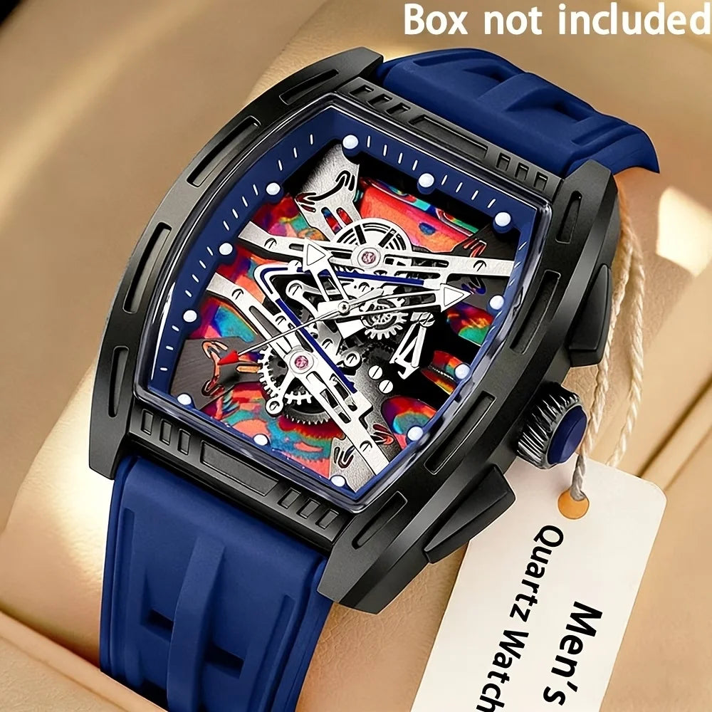 Fashion Tonneau Skeleton Dial Men Quartz Watch Casual Silicone Strap Analog Sport Wristwatches Relogio Masculino（Without Box）