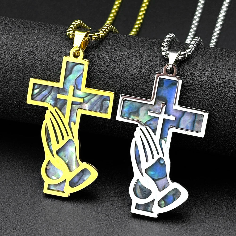 Jesus Cross Praying Hand Imitation Abalone Shell Stainless Steel Pendant Necklaces for Women Men Gold Color Christian Jewelry