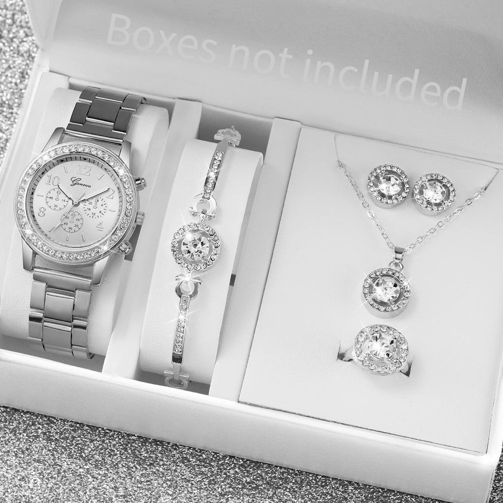 6PCS/Set Women's Watch Fashion Rhinestone Stainless Steel Band Quartz Watch Jewelry Set Reloj Mujer (Without Box)