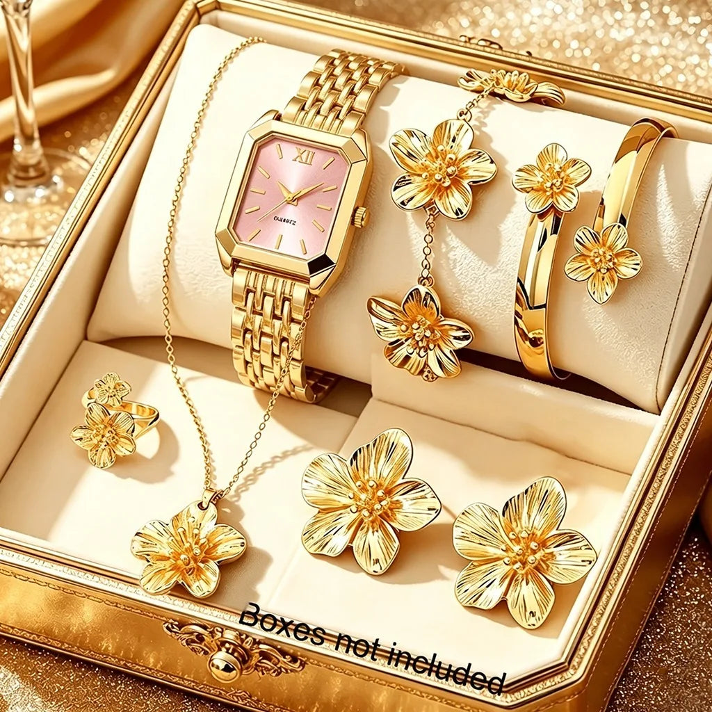 7pcs Elegant Rectangle Women Watch Jewelry Set Fashion Ladies Quartz Wristwatches Flowers Accessories Gifts（Without Box）
