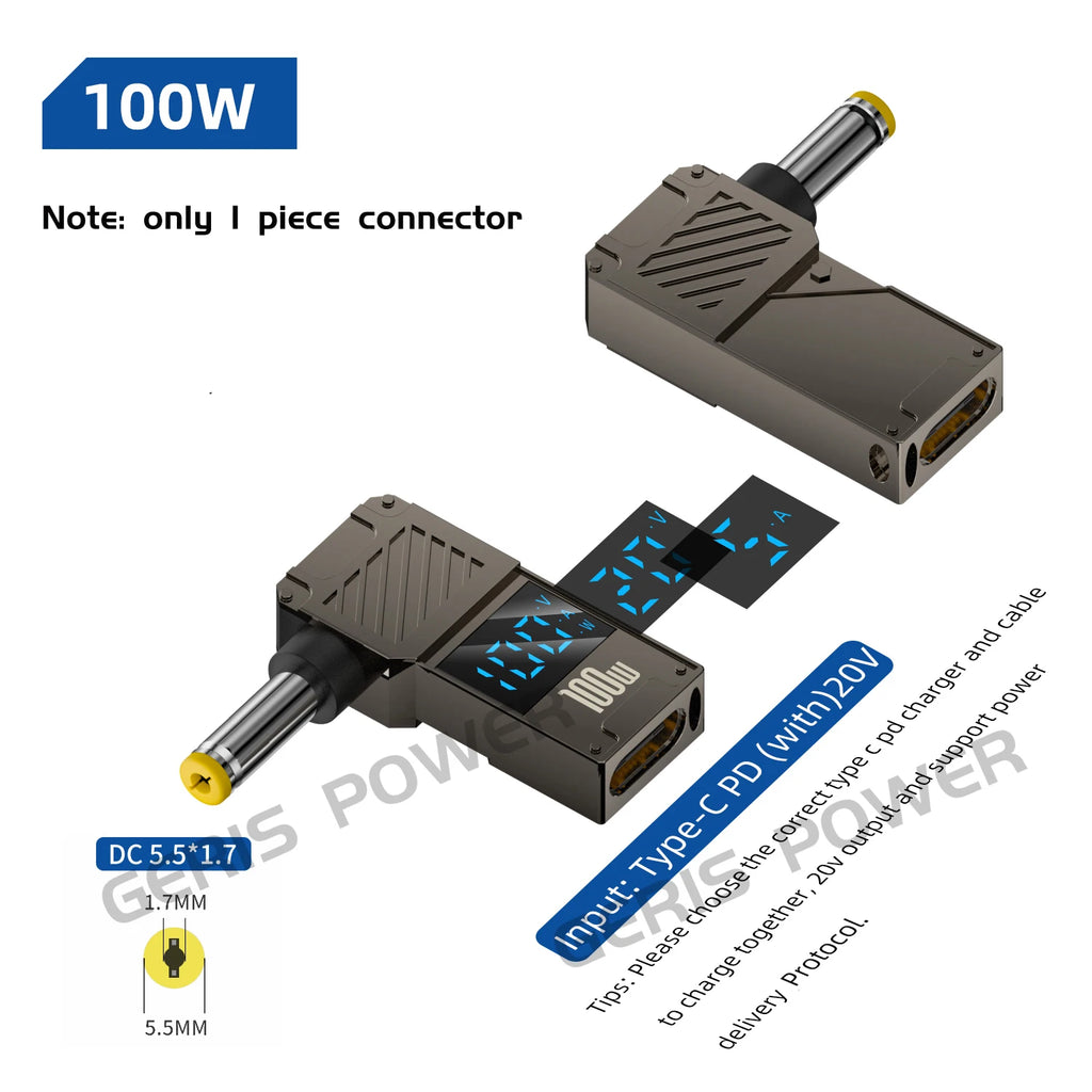 LED Display PD 100W Laptop Power Supply Adapter Charger Connector USB Type C PD to DC Jack Plug Converter for Lenovo Hp Dell