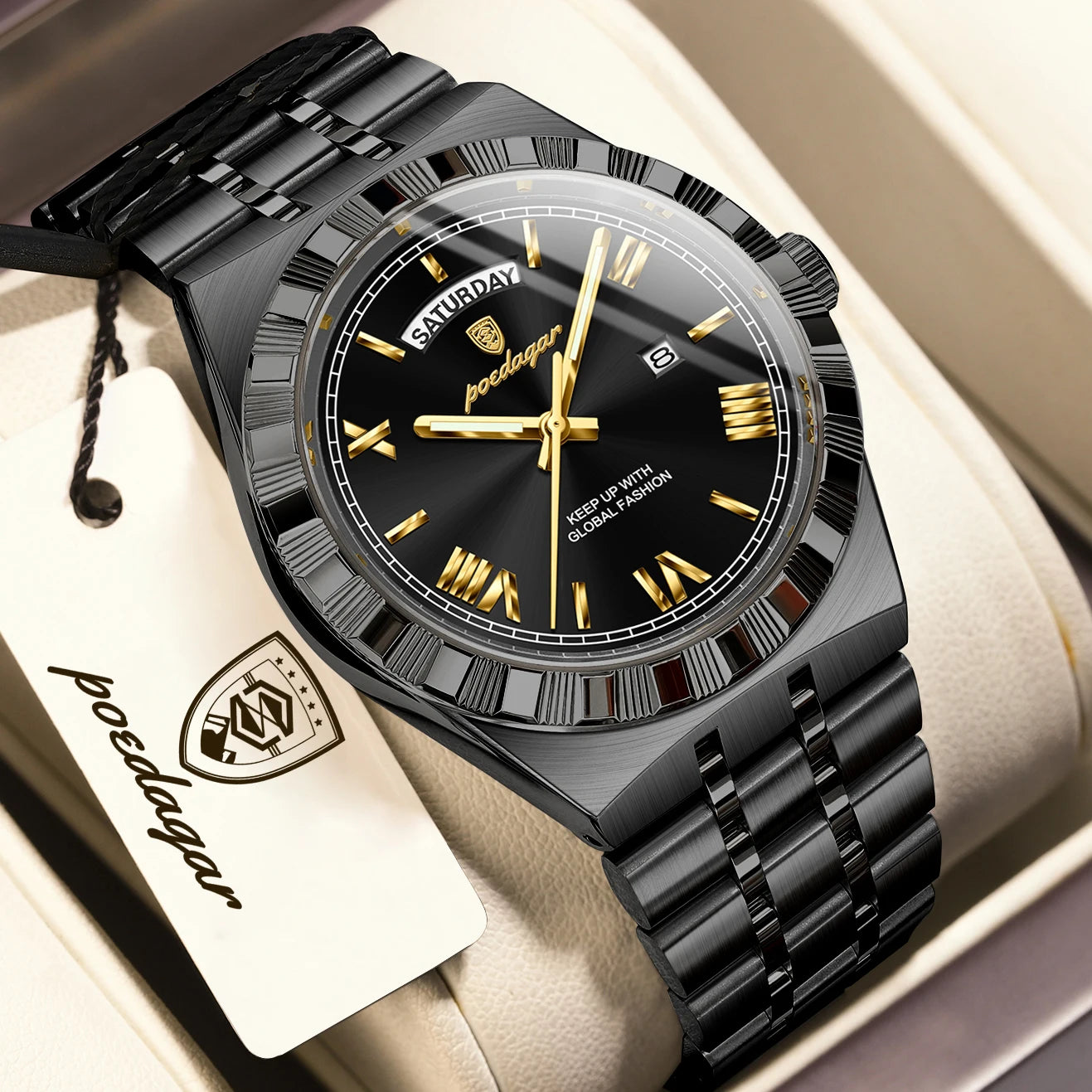POEDAGAR Fashion Business Men's Watch Luminous Waterproof Week Date Luxury Man Wristwatch Stainless Steel Quartz Watches For Men