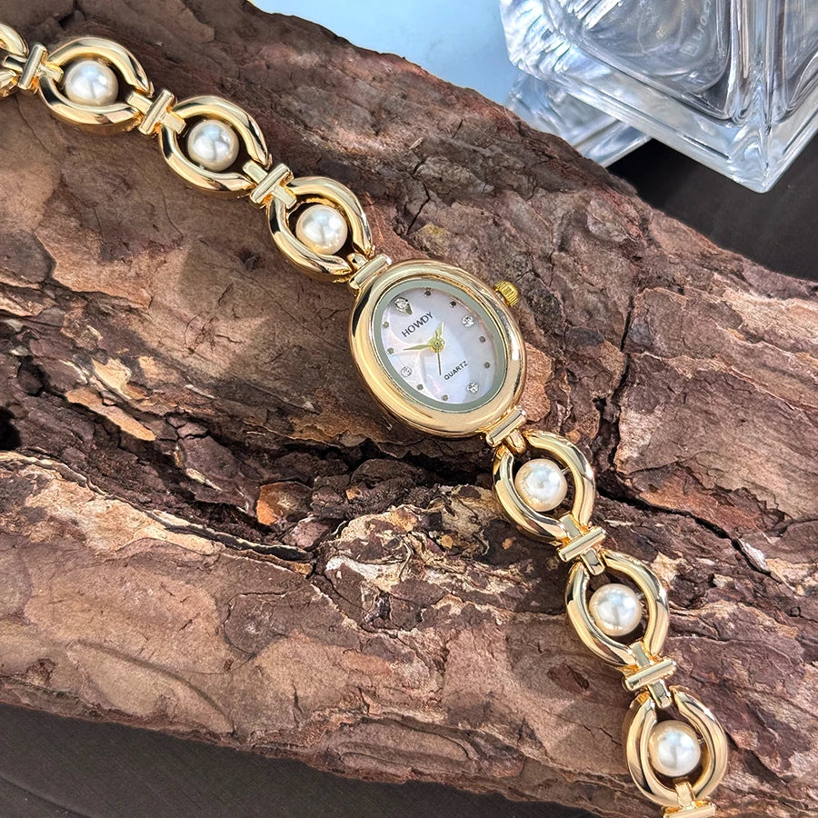New Fashion Luxury Imitation Pearl French Romantic Oval Shaped Ladies Bracelet Watch High Aesthetic Quartz Watch