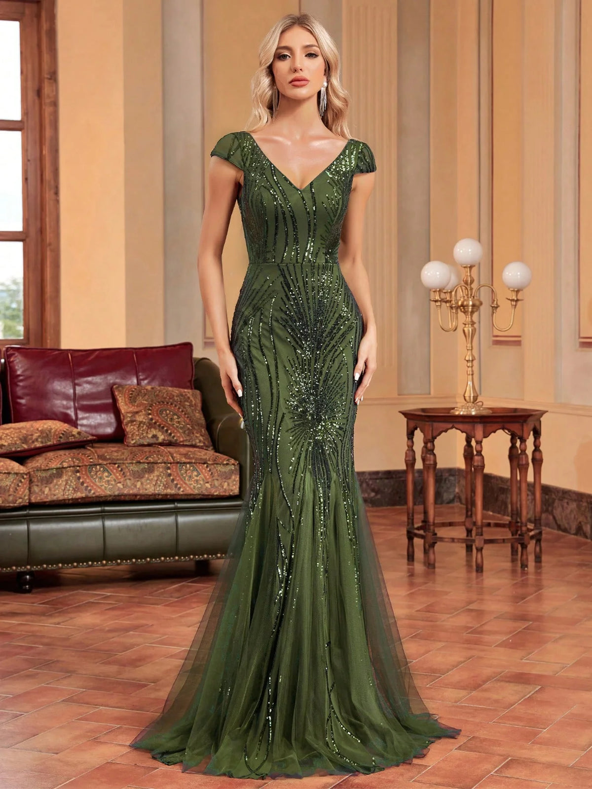 Luxury Sleeveless V-neck Sequins Formal Evening Dresses Women Elegant Mermaid Party Maxi Prom Arabia Cocktail Gowns