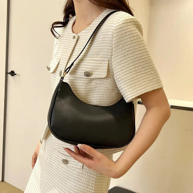 Women Luxury Solid Color PU Leather Shoulder Clutch Underarm Casual Tote Bag