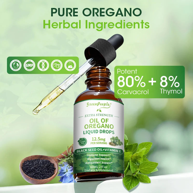 60ML Organic Oregano Oil Drops with Black Seed Oil & Vitamin E Immune, Respiratory,Digestive Support Vegan,Sugar-Free,Non-GMO