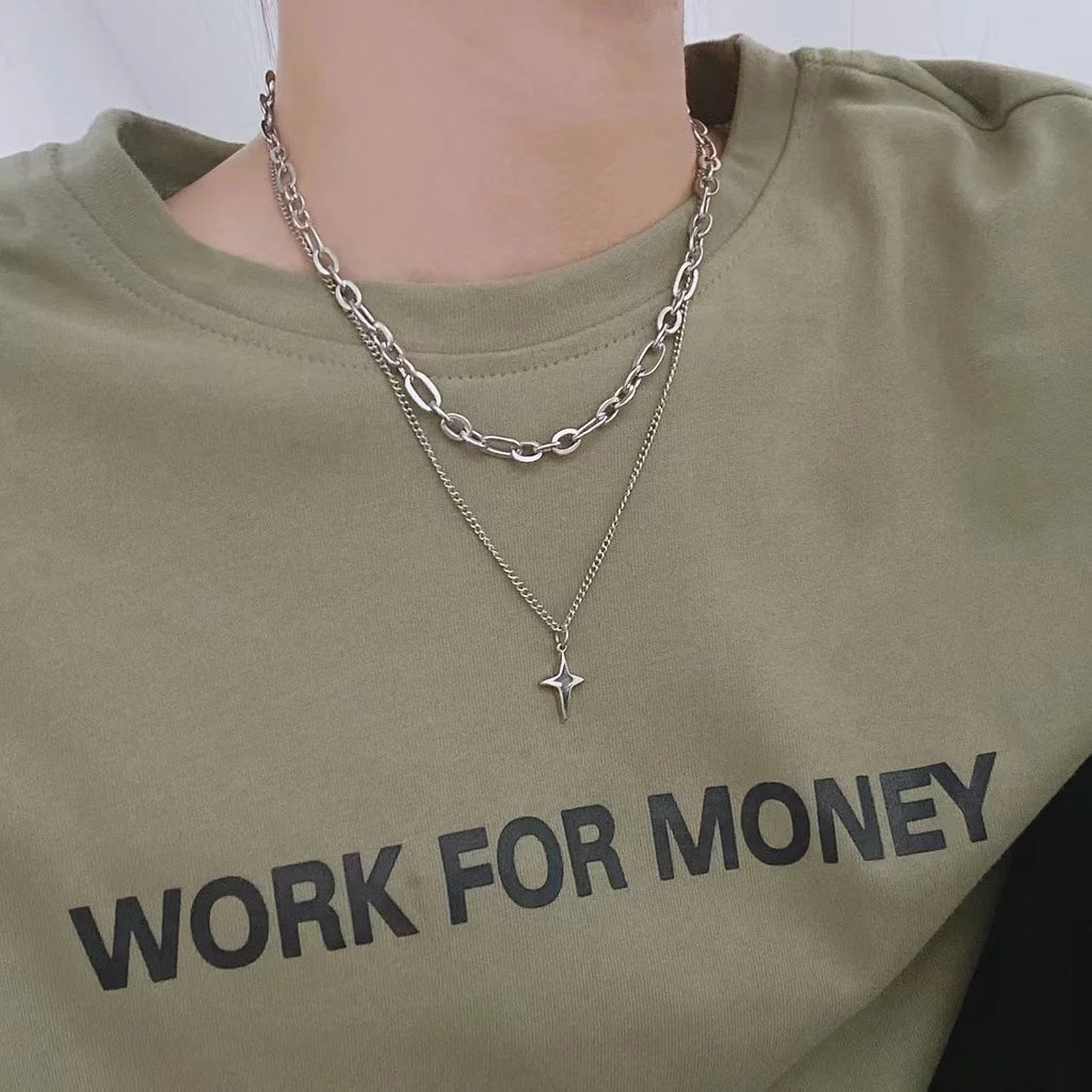 New Design Double Layer Link Chain Cross Star Necklace for Women Man Teens Trendy Punk Hip Hop Stainless Steel Choker