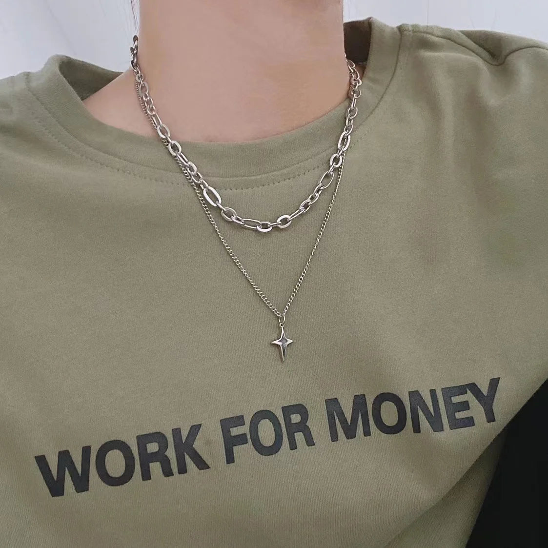 New Design Double Layer Link Chain Cross Star Necklace for Women Man Teens Trendy Punk Hip Hop Stainless Steel Choker