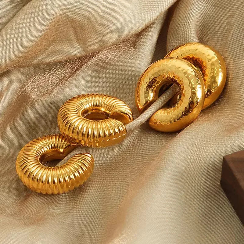 Punk Vintage Chunky Geometric Round Ear Cuff Stainless Steel Metal Texture Thick C Shape Non Piercing Ear Clip
