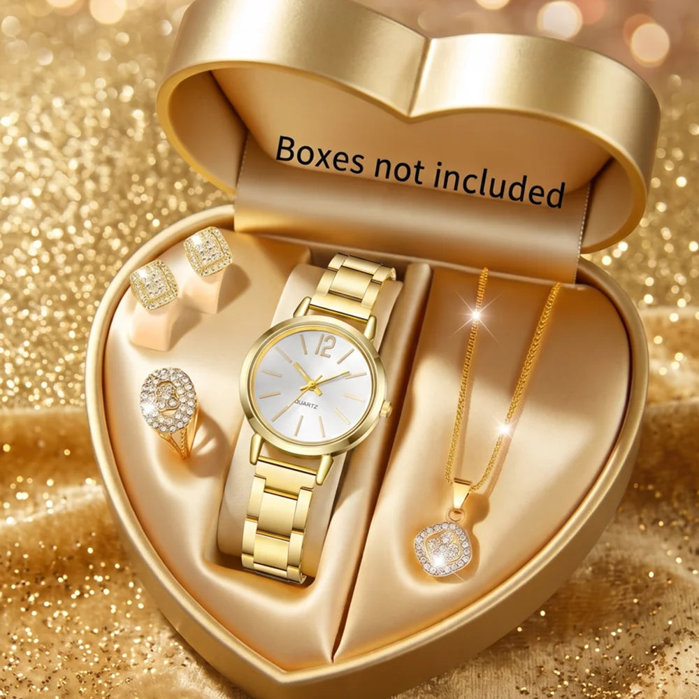 5Pcs/Set Unisex Jewelry Watches Women's Wristwatch Accessories Gold Fashion Business Elegant Trendy Classic Exquisite Simple Trendy Light Luxury Rhinestone Luxury Bracelet Watch Set Y2K Suitable for Travel, Vacation, Parties,