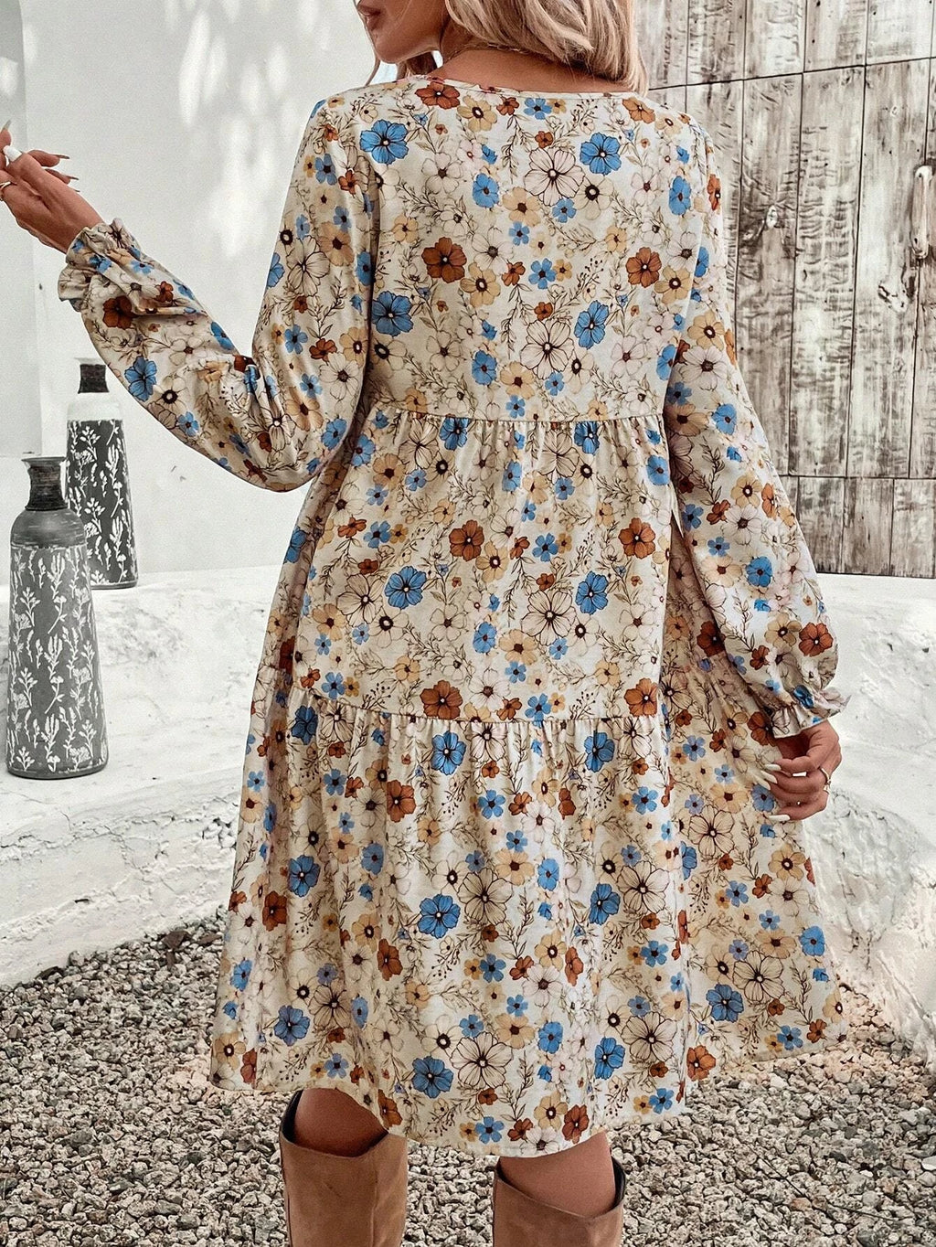 Women's Floral Print Tie Neck Flounce Sleeve Dress, Elegant Fashion Casual Dress for Daily Outdoor Wear, Women Dress for Spring