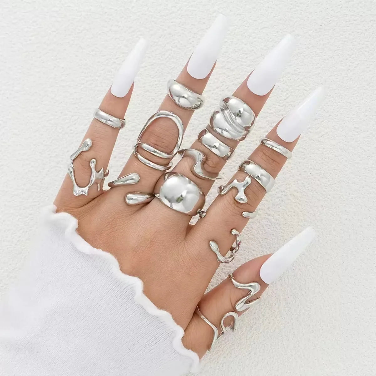 15Pcs Punk Smooth Geometric Open Rings Set For Women Exaggerated Irregular Silver Color Thick Chunky Ring Hip Hop Jewelry Gifts