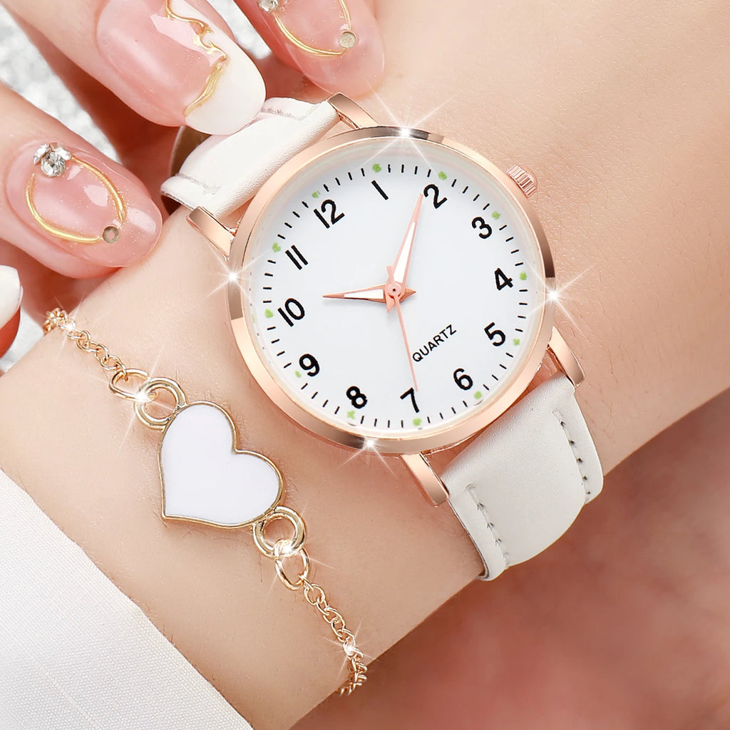 4/6PCS Fashion Leather Strap Women Quartz Watches Set Ladies Arabic Dial Wristwatch With Heart Bracelet Reloj Mujer(Without Box)