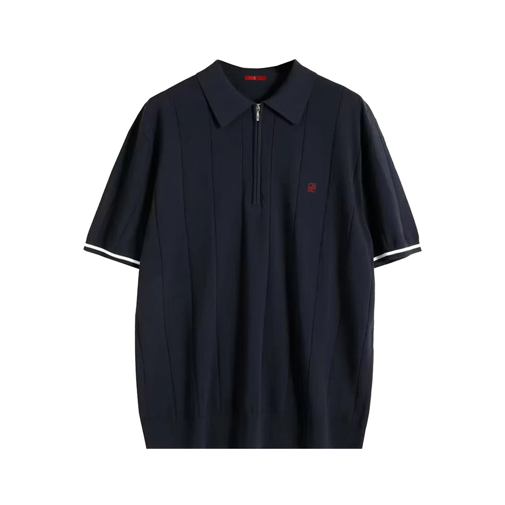CH Men Vertical Striped Knit Polo Shirt Half Zip Lapel Short Sleeve CH Embroidery Top Breathable Business Casual Summer Male Tee