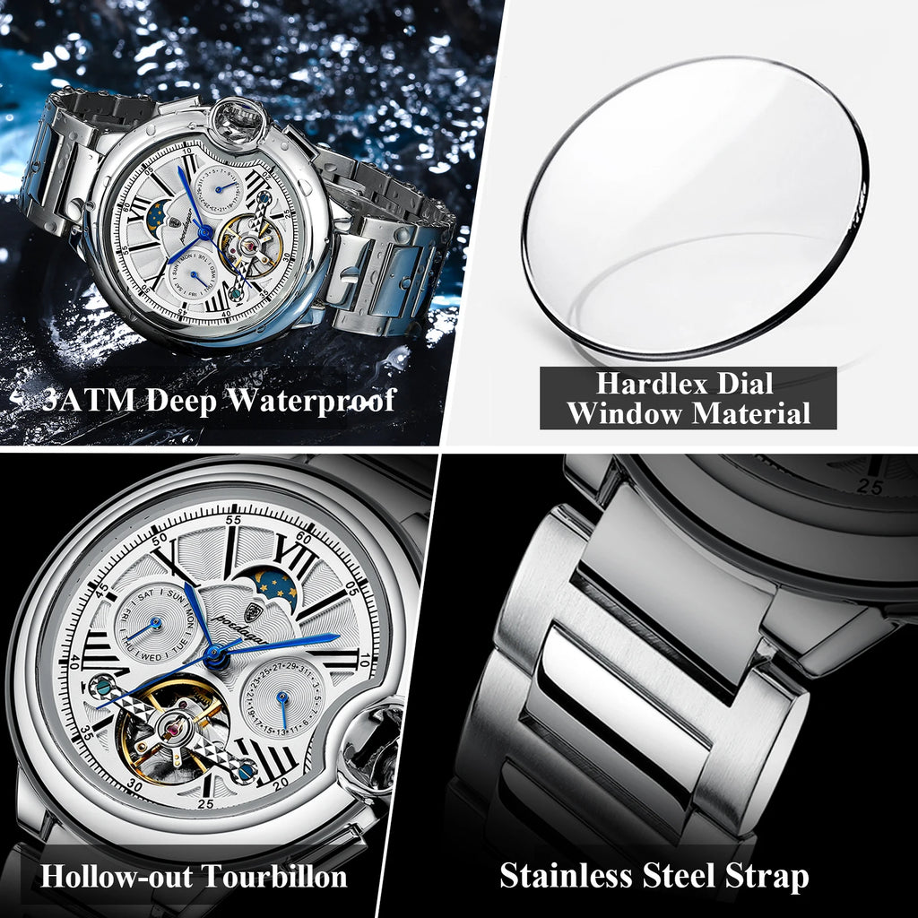 POEDAGAR Luxury Business Male Watch Date Week Stainless Steel Tourbillon Men Clock Waterproof Automatic Mechanical Men's Watches