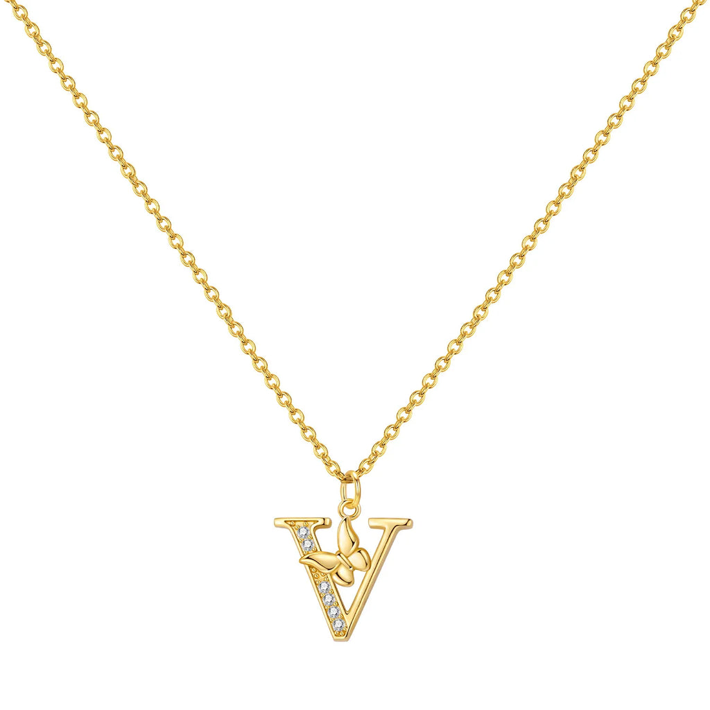 Original 925 Sterling Silver 18K Gold Zircon Butterfly A-Z 26 Letter Y-shaped Chain Necklace For Women Commemorate Jewelry Gift