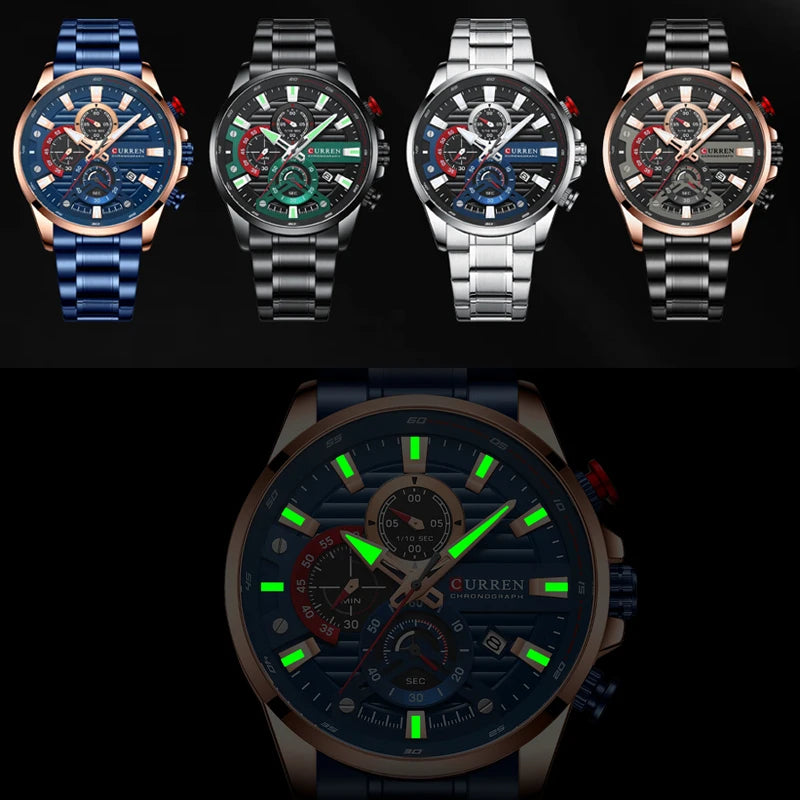 CURREN Sports Casual Quartz Wristwatches with Chronograph Fashion Stainless Steel Men's Watch Auto Date Clock Male with Box