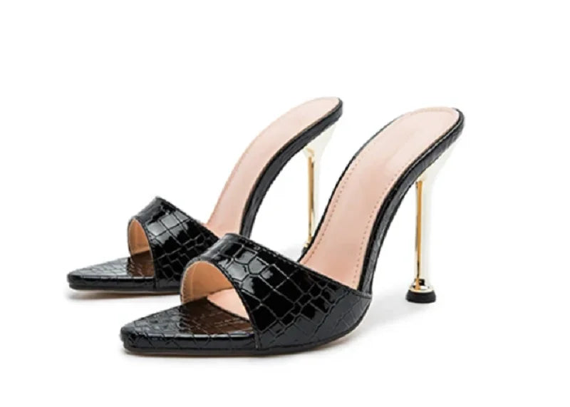 Eilyken Snake Print Strappy Mule Women Thin High Heels Slippers Sandals Pointed Peep Toe Slides Party Flip Flops Shoes