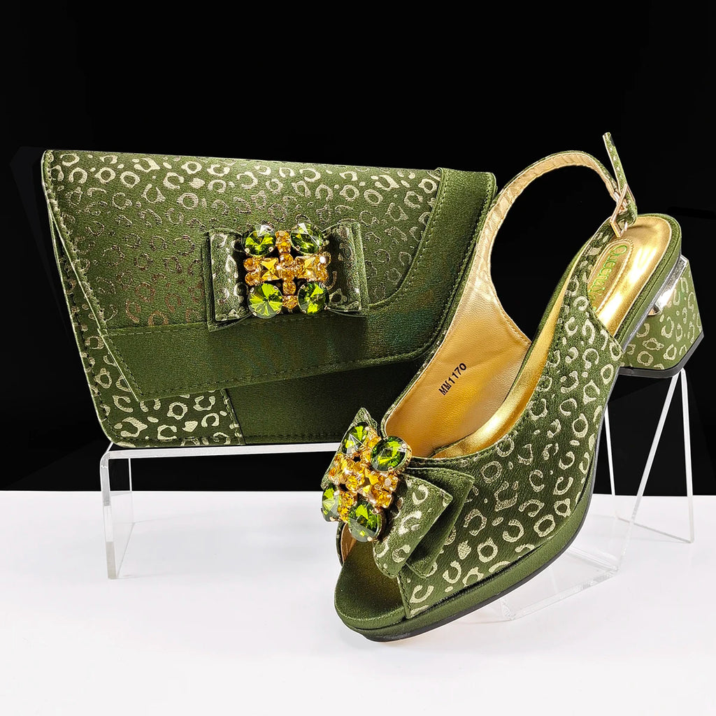 Doershow Italian green Shoes And Bag Sets For Evening Party With Stones Italian Leather Handbags Match Bags!  1-1