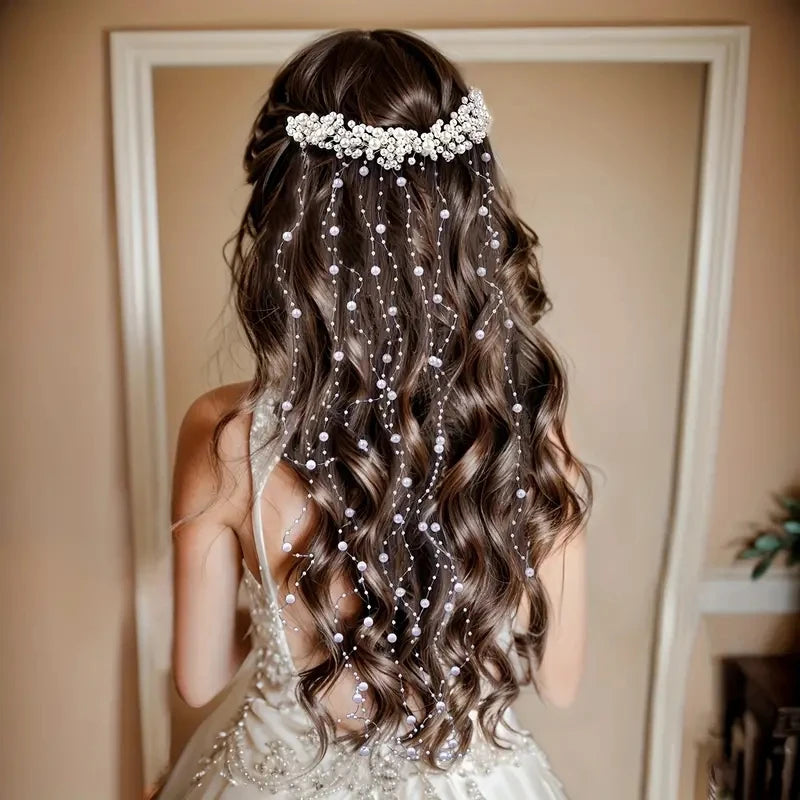 Bridal Pearl Long Tassel Hair Comb Wedding Headpiece Sparkly Beaded Hair Accessories Women Elegant Wedding Party Hair Ornament