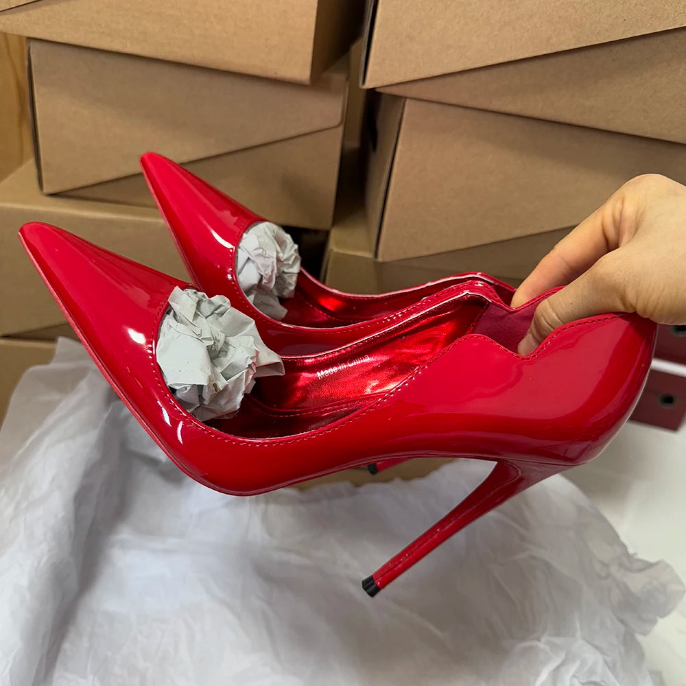 Heelgoo Glossy White Elegant Curl Cut Women Pointy Toe 12cm High Heels Black Dress Shoes Sexy V Cut Lady Wedding Stiletto Pumps