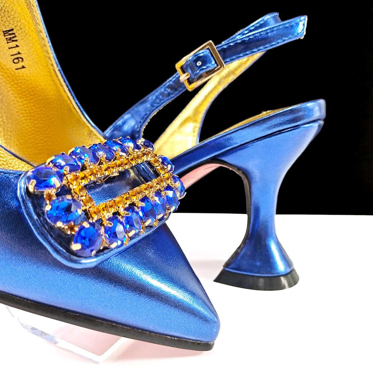 QSGFC Women High Heels Shoes for Women  Rhinestone Italian Designer Royal blue Color Pointed-Toe Shoes and Bags Set