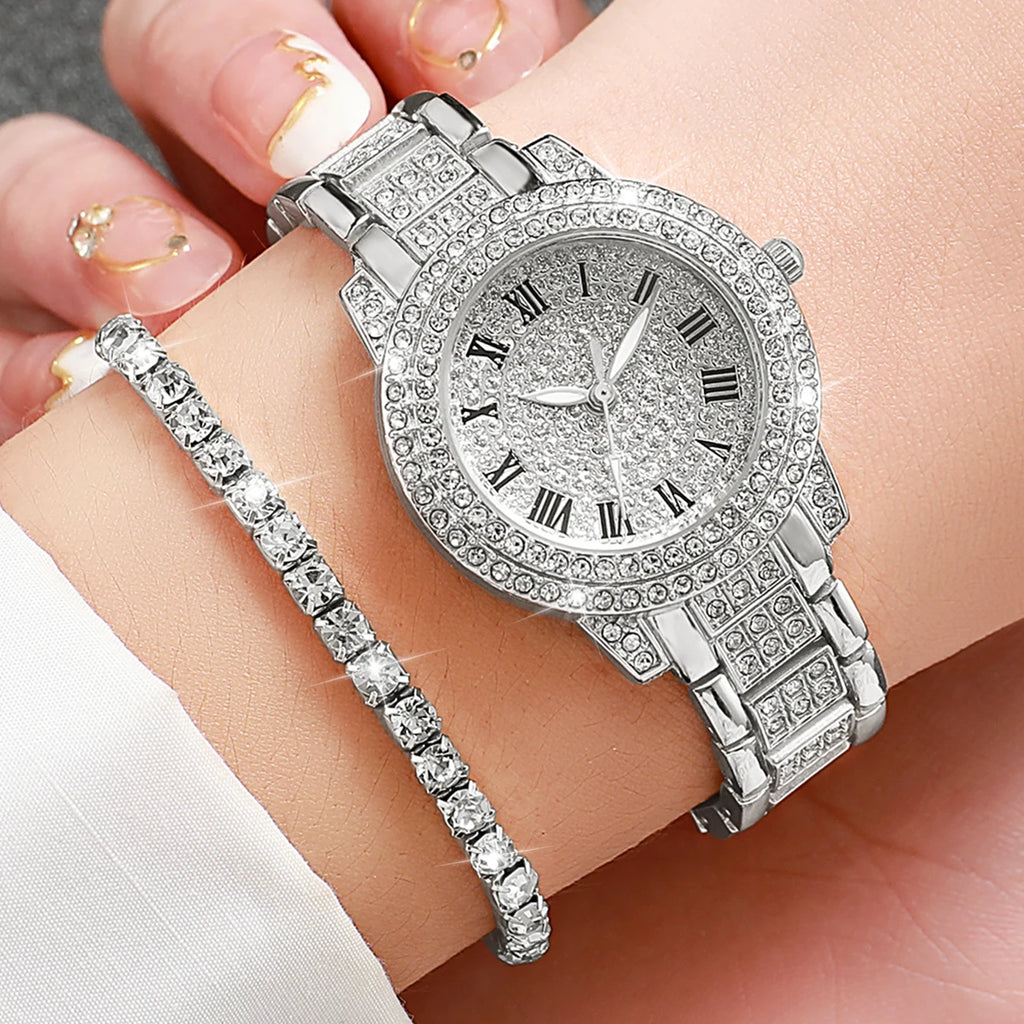 6PCS Luxury Rhinestone Women Watches Jewelry Set Ladies Roma Dial Quartz Watch Reloj Mujer Girls Clock Gift (Without Box)