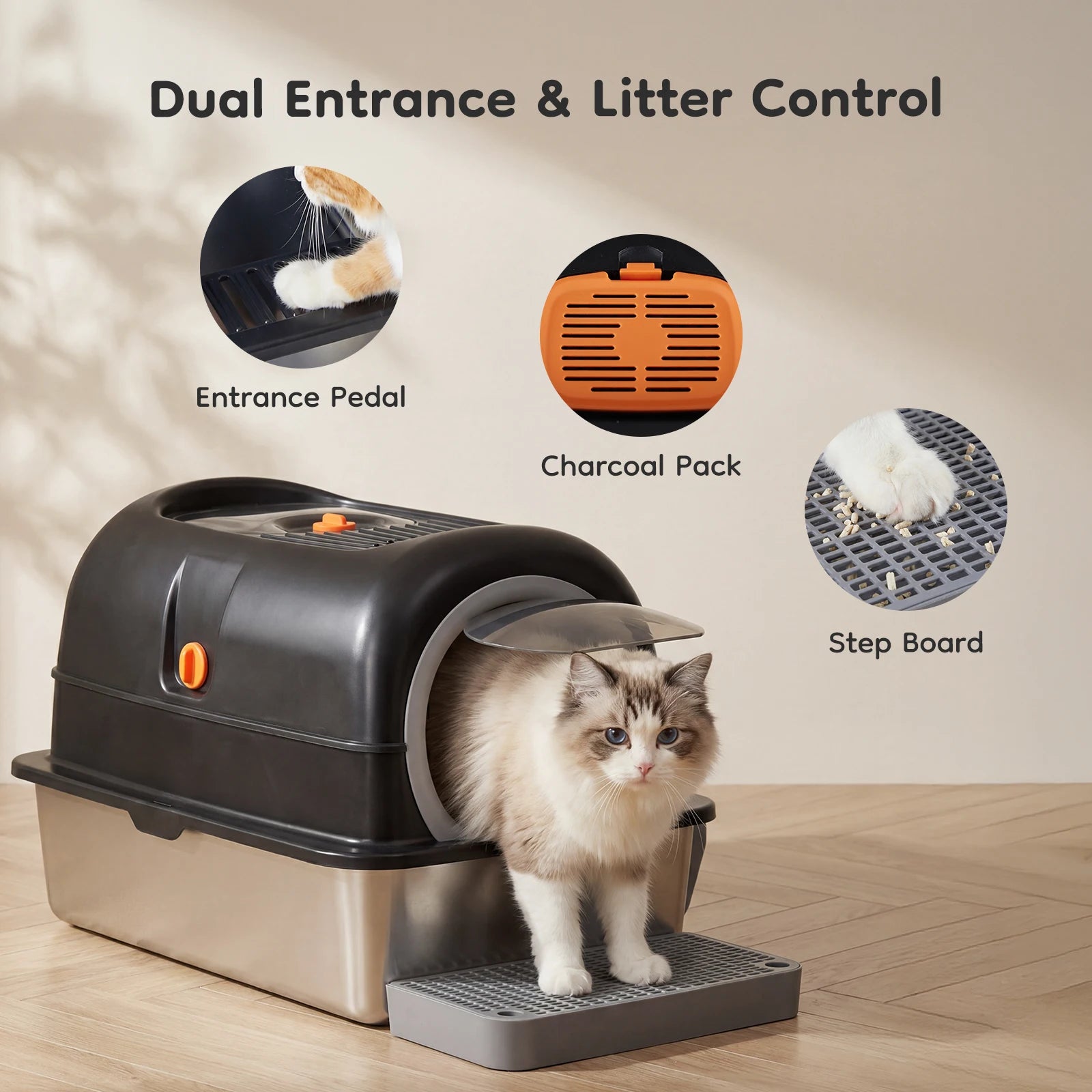 JHK 24IN Stainless Steel Cat Litter Box with Fully Enclosed 30L Large Cat Litter Box for Big Cats Cat Box Scoop and Mat Included