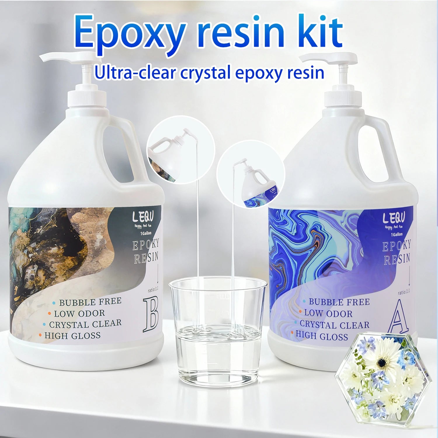 LEQU 2 Gallon Crystal Clear Epoxy Resin Kit, Bubble-Free & Non-Yellowing, Fast-Curing for Coating, Casting, Jewelry, Table Tops, Bar Tops, Solid Wood Side Tables, Handicrafts