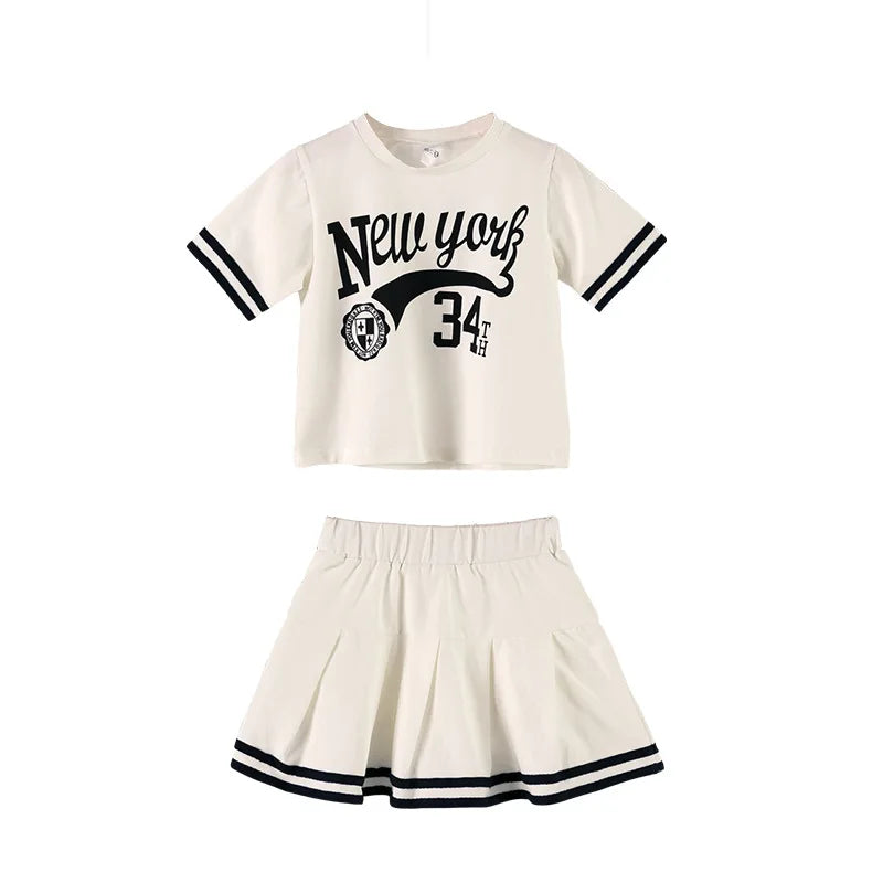 Summer Girls Clothes Suit Short-Sleeved+A-Line Skirt 2Pcs Set College Style Jk Uniform Children Clothing Baby Tracksuits