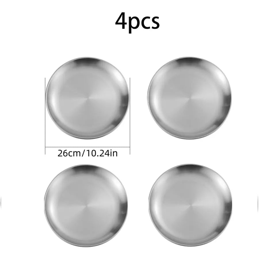 4pcs Stainless Steel Silver Plates, Korean Style Grilled Meat Plates, Household Circular Trays, Bone Plates, Cake Plates