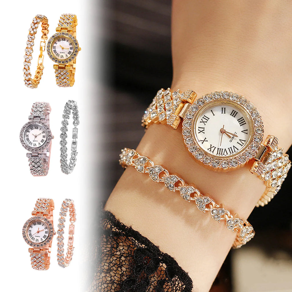 Fashion Women Elagant Watch Casual Simple Steel Strap Quartz Diamond Inlaid Watch Bracelet 2pcs Set Temperament Wearing Style