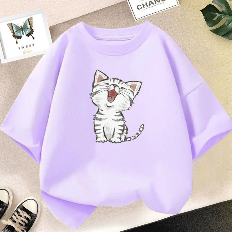 Girls Clothes 2024 Summer Fashion T-Shirt Fun And Cute Cat Kitten Print Short-Sleeved Tops Children Summer Clothes