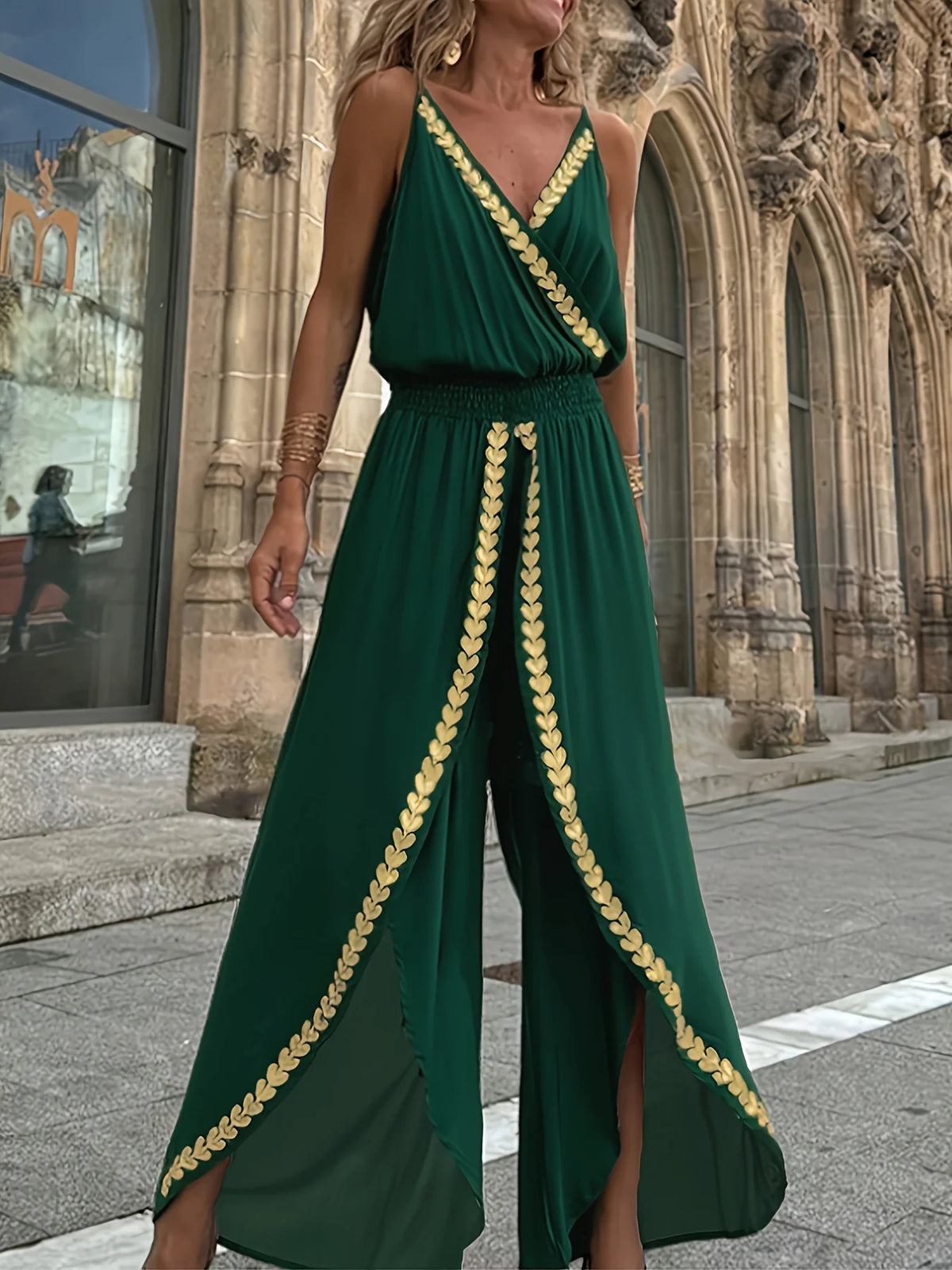 Women's Casual Purple Jumpsuit Gold Embellished Wrap Neck Split Legs High Waist Great for Bohemian Trips City Walks