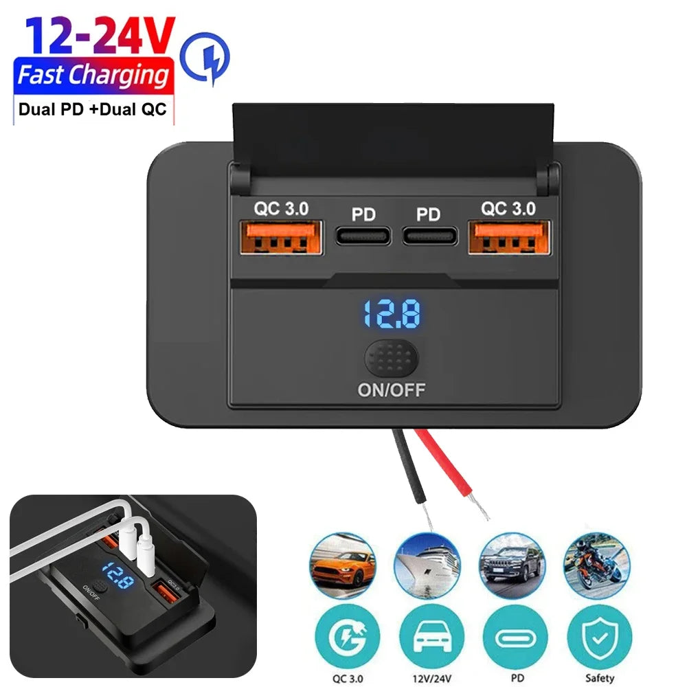 Car Charger Socket Adapter with Switch, 2-4-Ports Charging Splitter, Outlet for Bus, RV, ATV,Truck,Boat,Outlet,12V,24V, PD,QC3.0