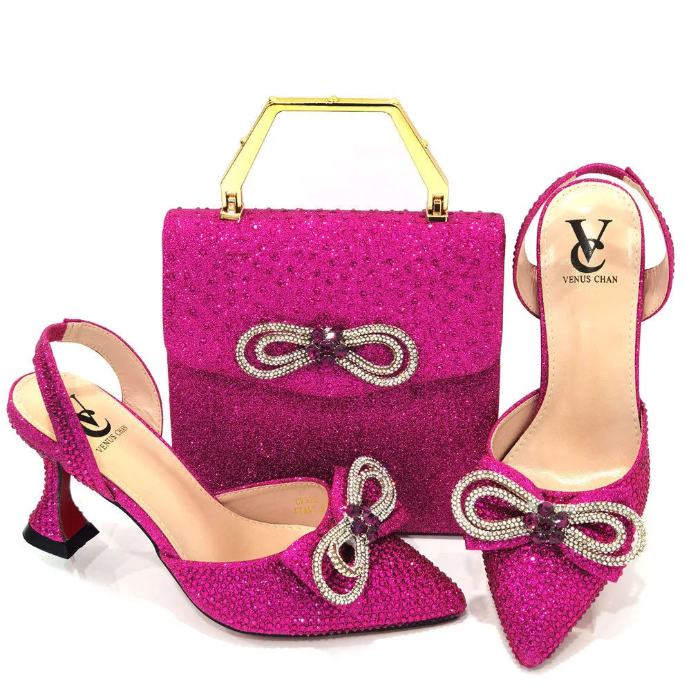 2022 Latest Italian Design African Women's High Heel Pointed Toe Sandals Party Wedding Party Fuchsia Color Shoes and Bags Set