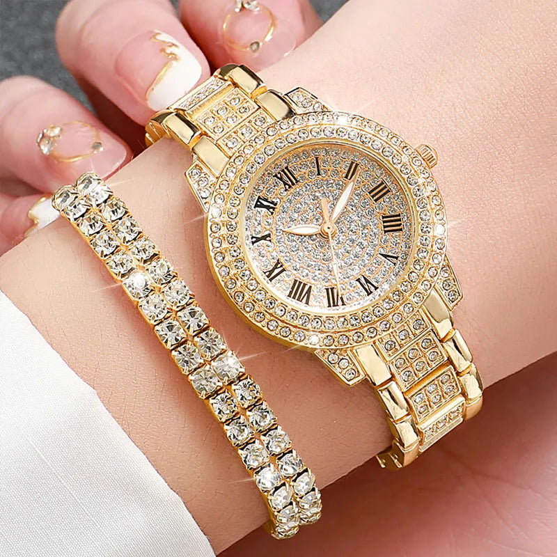 6PCS/Set Fashion Full Diamond Women's Watch Gold Steel Band Quartz Watches Diamond Jewelry Set
