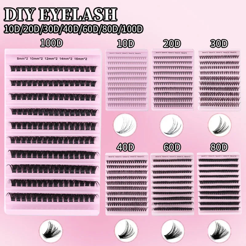 MIAOJIE 200pcs 30D Cluster False Eyelashes Set, DIY Eyelash Extensions, 0.05mm Thickness, D Curl, Mixed Lengths 8-16mm