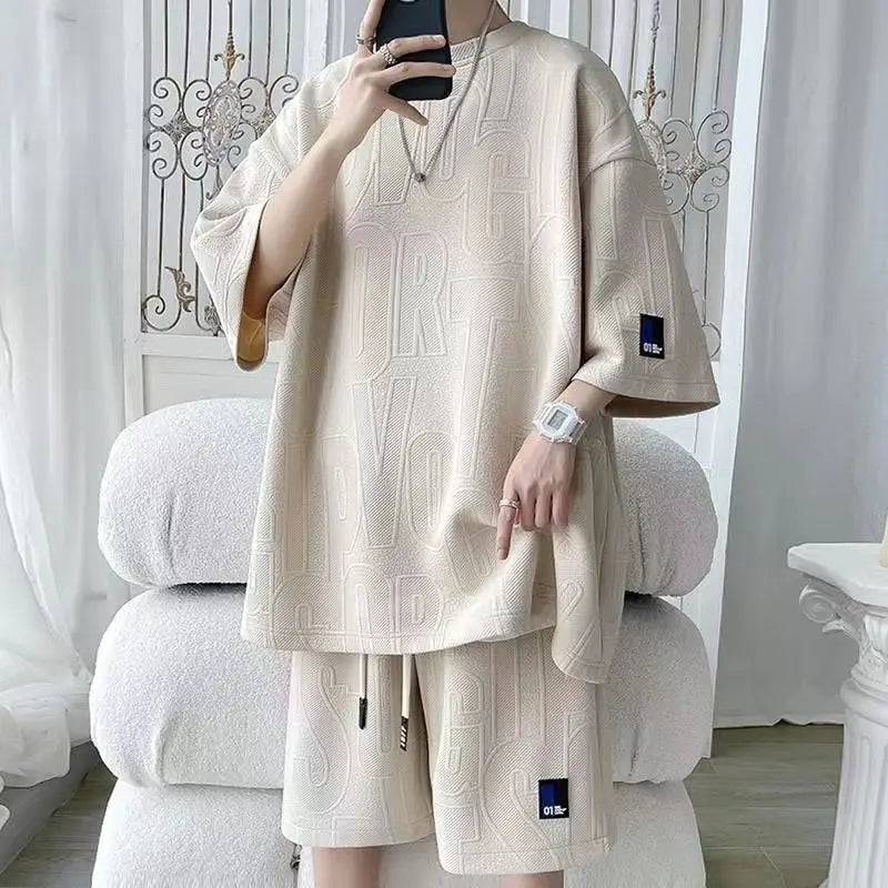 2026 3D Men's new Waffle TZ30 Summer Suit  Casual T-shirt + Shorts Suit Men's Tracksuit Solid color tracksuit loose suit